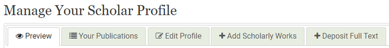 manage menu showing Preview, Your Publications, Edit Profile, Add Scholarly Works, and Deposit Full Text
